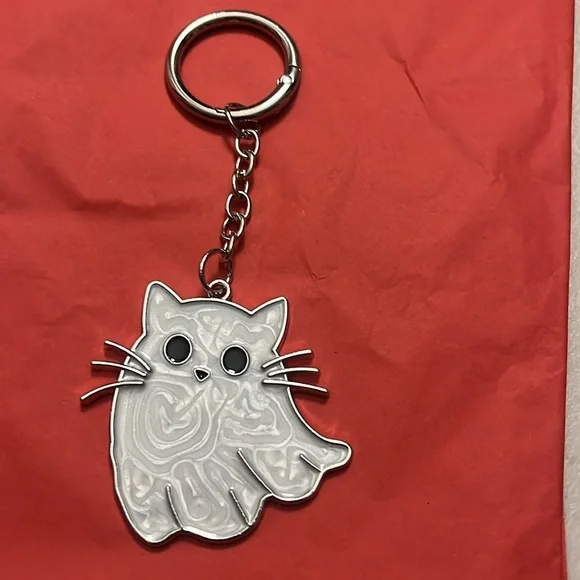 Silver Cat Ghost Keychain / Bag Charm NWT Spooky Halloween Keys - Picture 3 of 7